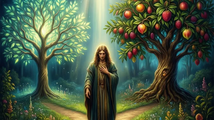 Символическое изображение Аркана Влюбленные Таро: фигура человека в саду на распутье между Древом Познания и Древом Жизни, освещенная свыше.