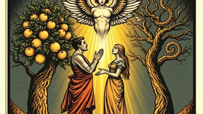 Детализированное изображение аркана Таро Влюблённые: мужчина и женщина в момент выбора под взглядом архангела, два дерева символизируют разные пути.