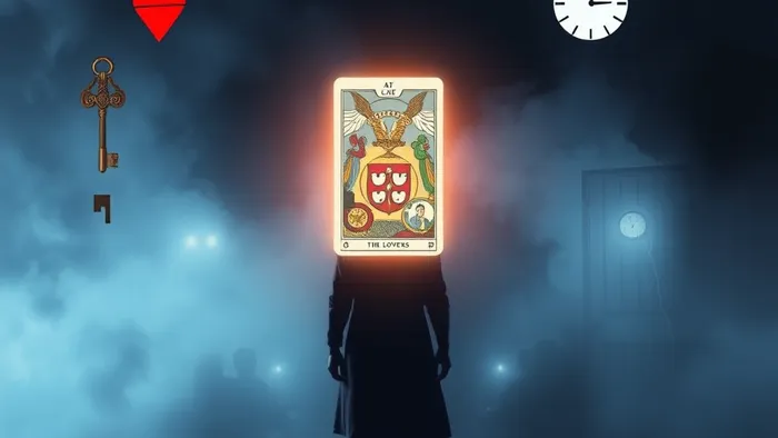 Символическое изображение выбора между внутренними блоками (закрытое сердце, ключ) и внешними обстоятельствами (часы, дверь) с картой Таро в центре.