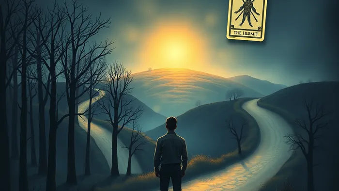 Символическое изображение выбора между путем внутрь себя (лес зеркал) и путем во внешний мир (дорога с препятствиями) на фоге парящих карт Таро.