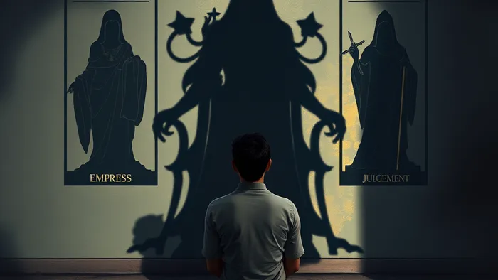 Символическое изображение человека и его тени, которая превращается в архетипы Таро: Императрицу, Жрицу и Суд. Иллюстрация на тему внутреннего критика и теневой стороны.
