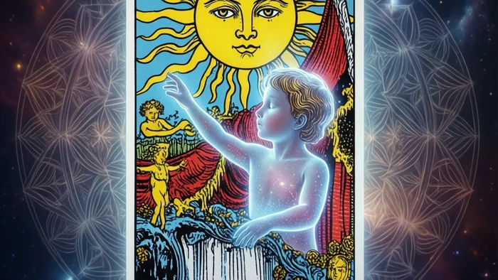 Символическое изображение архетипа Внутреннего ребенка, проявленного через карту Таро Солнце на фоне мандалы и звёздного неба.