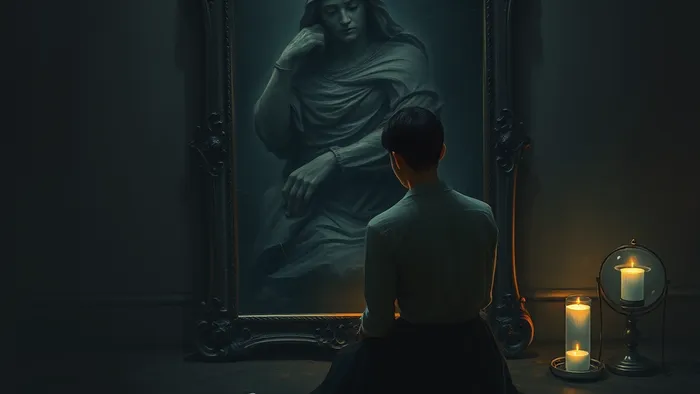 Символическое изображение внутреннего диалога: человек перед зеркалом, в отражении которого — теневая фигура-архетип, а вокруг разбросаны карты Таро (Император, Императрица, Отшельник, Суд).