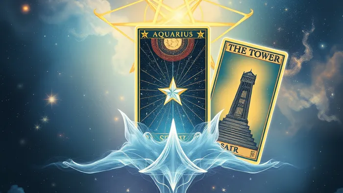Символ знака зодиака Водолей, интегрированный с изображениями трех карт Таро: Звезда, Шут и Башня на фоне космической туманности.