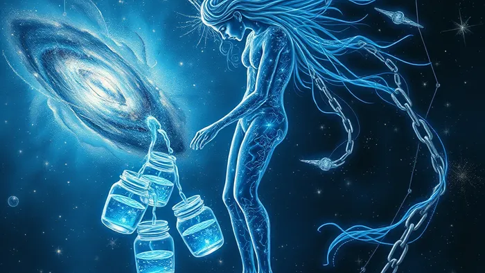 Абстрактное изображение, соединяющее созвездие Водолея и карту Таро 'Звезда'. Электрические потоки энергии перетекают в космическое пространство.