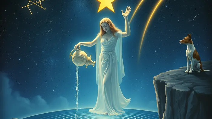 Символическое изображение связи знака Водолея и арканов Таро: Звезда, Шут и Суд в едином мистическом пейзаже.