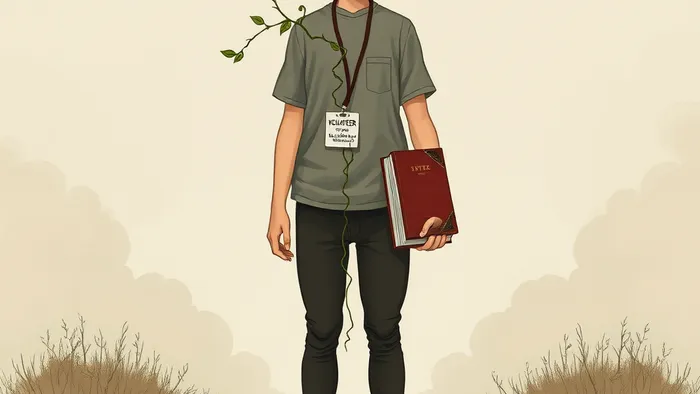 Символичное изображение выбора между волонтёрством и учебой: молодой человек на перепутье, где знак волонтёра и учебник переплетаются. На фоне — полупрозрачные образы карт Таро (Повозка, Звезда).