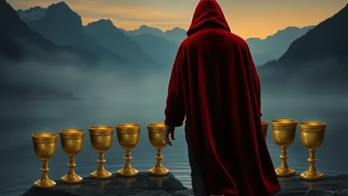 Символическое изображение Восьмерки Кубков Таро: фигура в плаще уходит от кубков в предрассветные сумерки к горам.