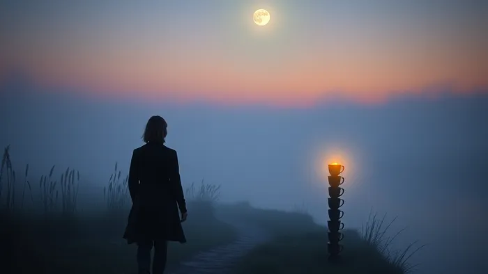 Фигура уходит от сложенных кубков в туман на фоне луны — визуализация аркана Восьмерка Кубков для медитативной практики.