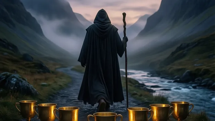 Символическое изображение карты Таро Восьмерка Кубков: фигура уходит от полных кубков в горы на фоне заката.