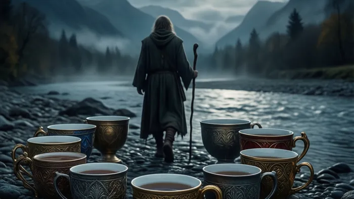 Символическое изображение карты Восьмерка Кубков Таро: путник уходит от полных кубков в сторону гор при лунном свете.