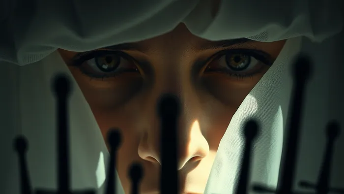 Символическое изображение состояния Восьмерки Мечей: глаза, прикрытые полупрозрачной повязкой, сквозь которую виден свет. Мечи размыты на заднем плане.