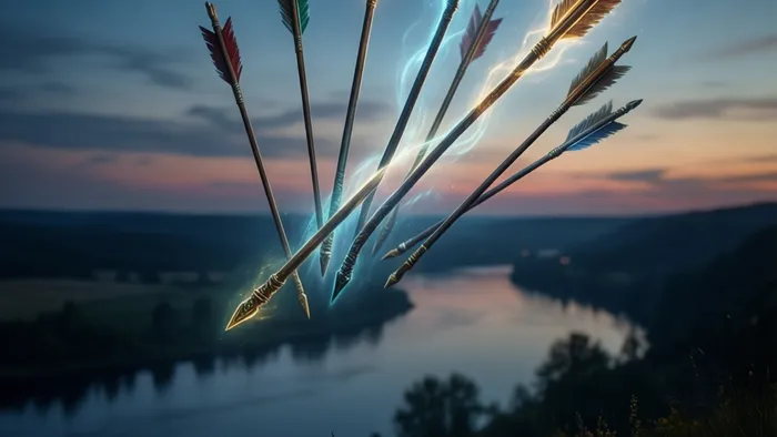 Восемь светящихся жезлов застыли в полете над спокойной рекой на фоне сумеречного неба, символизируя энергию карты Восьмерка Жезлов в Таро.
