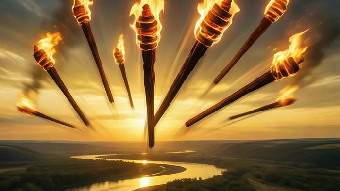 Восемь горящих жезлов стремительно летят по небу над извилистой рекой, символизируя энергию карты Восьмерка Жезлов Таро.