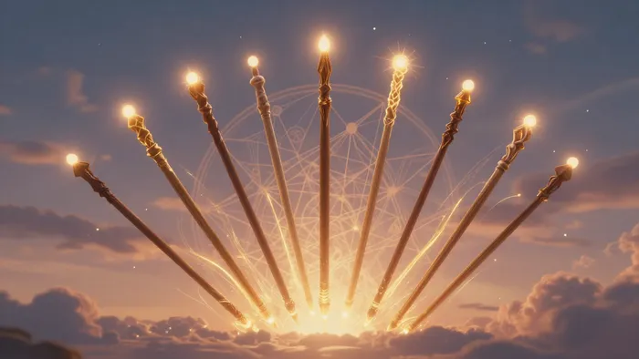 Аркан Восьмерка Жезлов в Таро: символическое изображение летящих посохов в золотом небе, олицетворяющих поток мыслей и скорость.