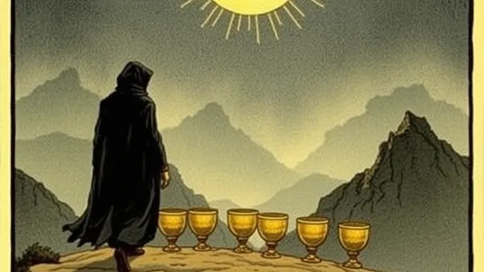 Стилизованное изображение карты Таро Восьмёрка Кубков: путник уходит от сложенных кубков в горы при лунном свете.