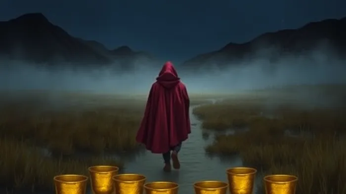 Символическая иллюстрация карты Таро Восьмерка Кубков: фигура в плаще уходит от расставленных кубков в горы при лунном свете.