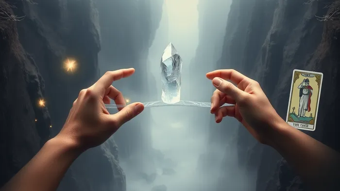 Символическое изображение двух рук, тянущихся друг к другу через пропасть. Карты Таро вокруг рук символизируют прошлое и будущее отношений. Хрупкий мост между ними.