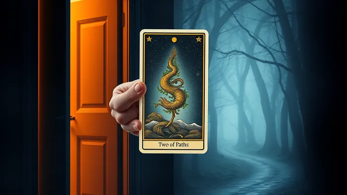 Символическое изображение выбора: дверь в офис с предложением о повышении и таинственная тропа в неизвестность. По центру — разделённая карта Таро, отражающая обе дороги.
