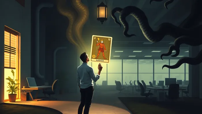 Человек на перекрёстке между уютной домашней работой и мрачным корпоративным офисом, держит в руках светящуюся карту Таро Повешенный как фонарь.