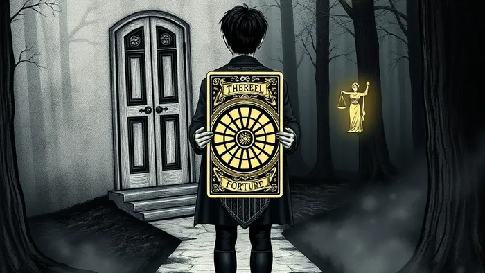 Символическая иллюстрация: человек на перепутье выбирает между возвращением в знакомую дверь прошлой компании и путём в неизвестное будущее, консультируясь со светящимися картами Таро (Колесо Фортуны, Императрица, Правосудие).