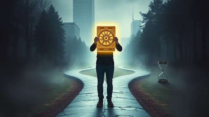 Символическое изображение выбора на карьерном перепутье: человек стоит на развилке между знакомым офисным зданием и неизвестной дорогой, держа в руках светящуюся карту Таро Колесо Фортуны.