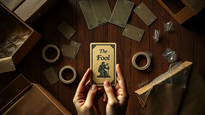 Руки человека тасуют колоду карт Таро на полу среди полупустых коробок для переезда. Выпавшая карта Шут лежит рядом с упаковочной лентой.