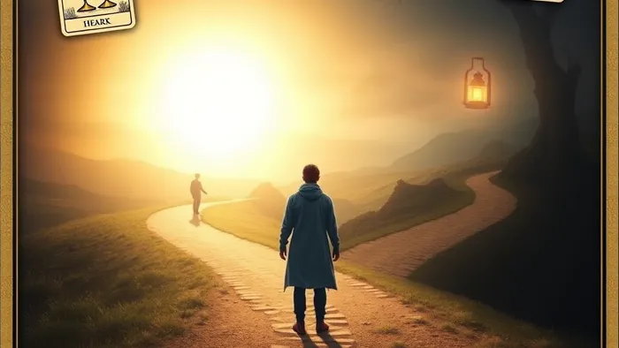 Символическое изображение человека на распутье: путь к свету отношений и путь к самопознанию. Вокруг парят карты Таро, связанные с любовью и выбором.