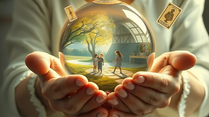 Символическое изображение женщины, держащей хрустальный шар с отражениями двух жизненных путей: материнства и самореализации. Вокруг парят карты Таро Императрица, Сила и Двойка Кубков.