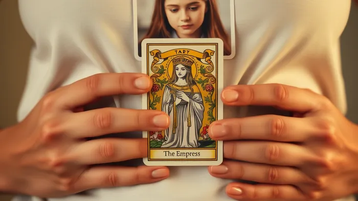 Символическое изображение выбора: карта Таро Императрица в руках женщины на фоне семейной фотографии.