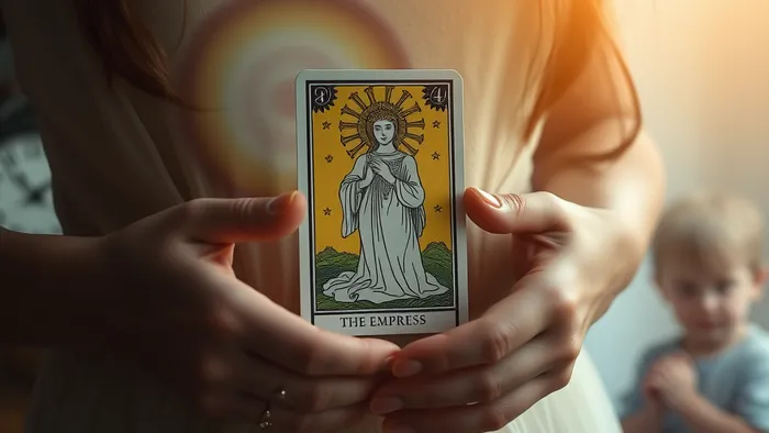 Символическое изображение женщины, рассматривающей карту Таро Императрица, как отражение решения о позднем материнстве.