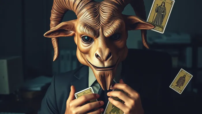 Символическое изображение человека, снимающего маску «козла отпущения» в офисе. Вокруг парят карты Таро: Сила, Отшельник, Смерть.