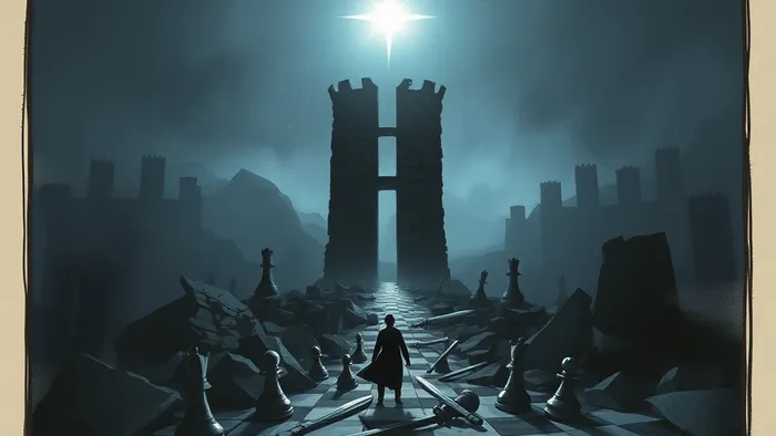 Символическое изображение в стиле карты Таро: фигура у рушащейся башни, олицетворяющая ошибку и крах, но перед ней — путь, освещенный звездой, как символ надежды и нового начала после провала.