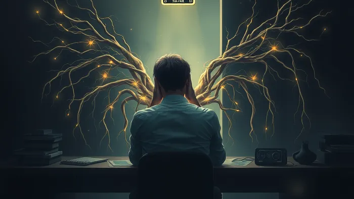 Символическое изображение человека, истощенного на работе, от которого тянутся светящиеся нити к карте Таро Звезда, освещающей путь к выходу.