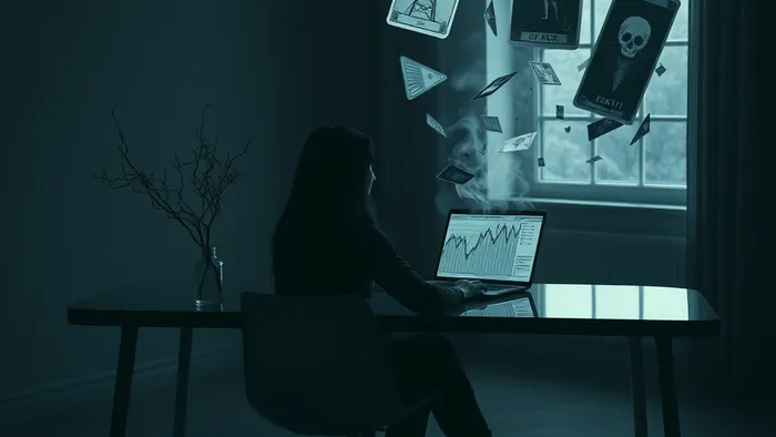 Символическое изображение предпринимателя в состоянии выгорания: на столе ноутбук, из экрана которого парят призрачные образы карт Таро (Башня, 4 Кубков, Смерть), отражающие внутренний конфликт.