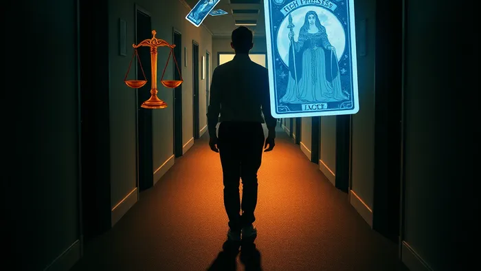 Символическое изображение человека на перекрестке в офисе: один путь освещен картой Правосудие, другой — картой Верховная Жрица. Вокруг парят полупрозрачные карты Таро.