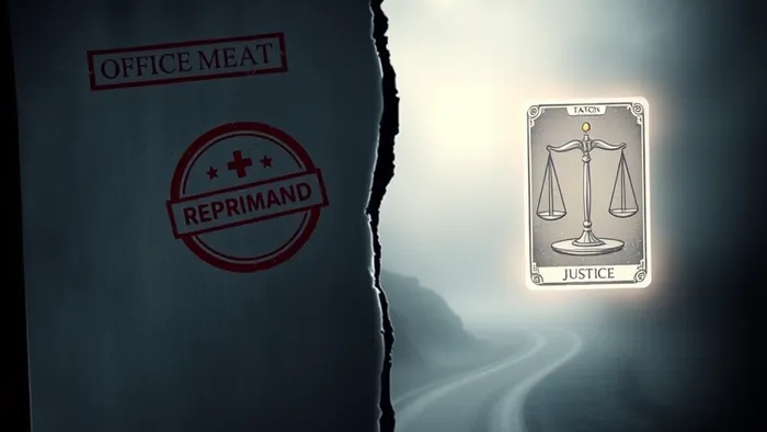 Символическое изображение дилеммы: разорванный документ с выговором и карта Таро 'Справедливость', разделенные дорогой в тумане.