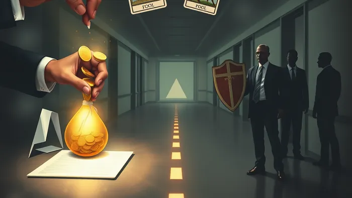 Символическое изображение выбора на распутье в офисе: подписание соглашения с золотыми монетами или подготовка к защите своей позиции. В воздухе парят карты Таро: Шут, Колесница, Отшельник.