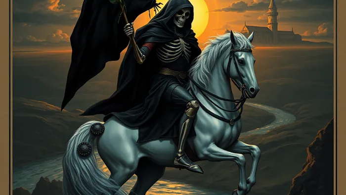 Символическое изображение Аркана Смерти из Таро: фигура в чёрных доспехах на белом коне с знаменем, на фоне реки и восходящего солнца между башнями.