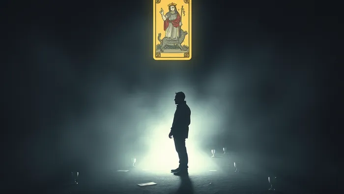 Символическое изображение выбора на перепутье с картами Таро Суд и Шут на двух разных путях, соединённых хрупким мостом из света.