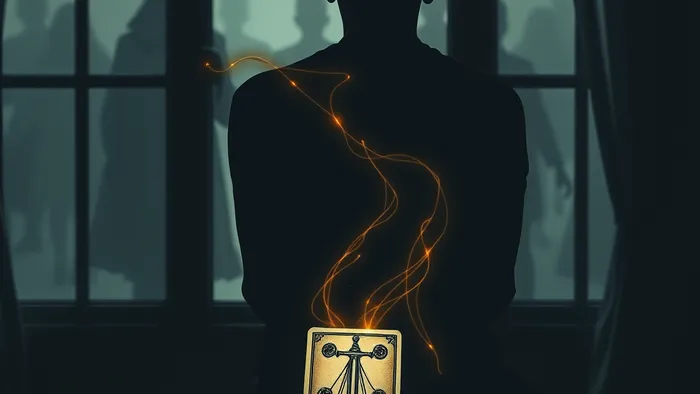 Символическое изображение энергетического истощения: человек сидит спиной, глядя на блеклый мир, а из его силуэта утекают золотые нити энергии. На столе перед ним лежит карта Таро.