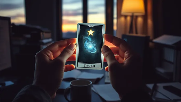 Руки человека держат светящуюся карту Таро над рабочим столом в офисе, символизируя момент озарения и поиска нового пути.
