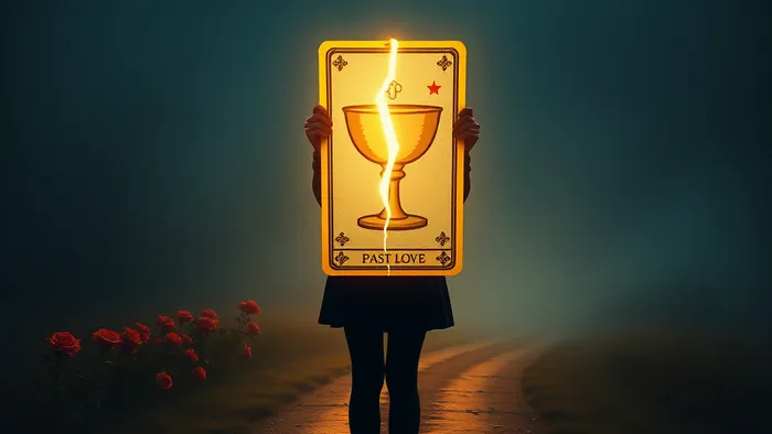 Символическое изображение выбора: женщина на перепутье держит карту Таро Двойка Кубков с трещиной, одна дорога ведёт к свету прошлого, другая — в туманное будущее.