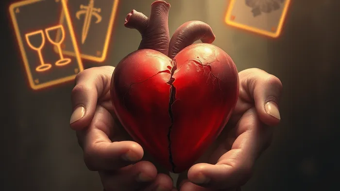 Символическое изображение сердца с трещиной в руках на фоне очертаний карт Таро, олицетворяющее тему повторной любви и исцеления.