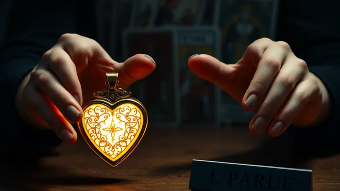 Символическое изображение выбора между сердцем (личными чувствами) и именной табличкой (карьерой) на фоне таинственных карт Таро.