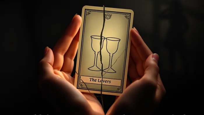 Символическое изображение для статьи о влюбленности в женатого: руки женщины держат карту Таро, которая отражается в треснувшем зеркале, создавая двойственность образа.