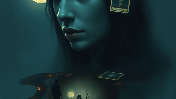 Символическое изображение дилеммы любви к женатому мужчине через призму карт Таро: женщина, луна, отражение и арканы Луна, Влюбленные, Повешенный.