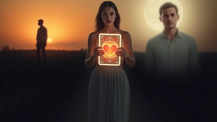 Символическое изображение женщины на распутье между прошлыми и нынешними отношениями, держащей в руках светящуюся карту Таро как инструмент для осознания своего выбора.