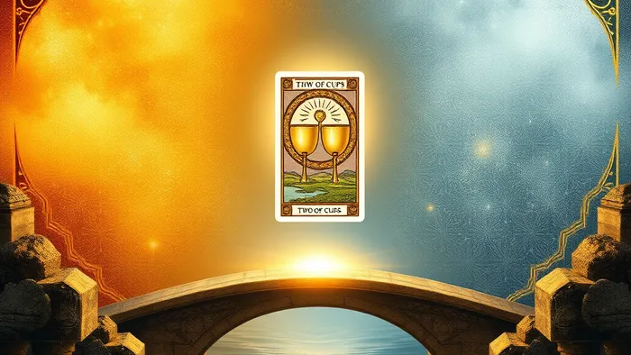 Символическое изображение моста между двумя культурами с картой Таро 2 Кубков в центре, соединяющей разные миры.