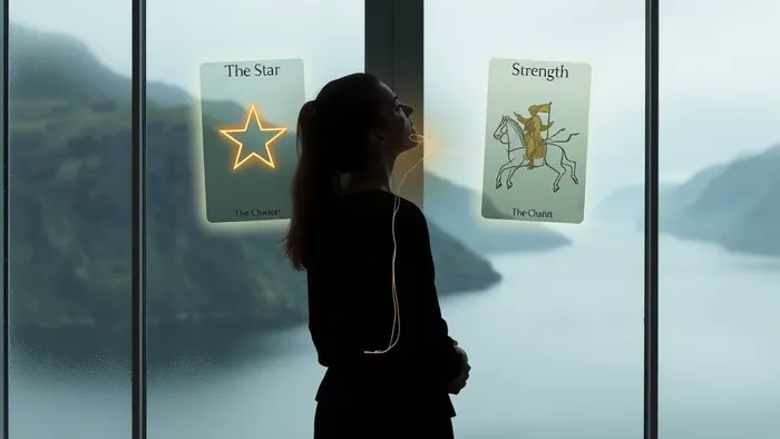 Символическое изображение: человек у окна с видом на норвежский фьорд, в отражении которого видны светящиеся карты Таро (Звезда, Колесница, Сила), символизирующие преодоление языкового барьера.